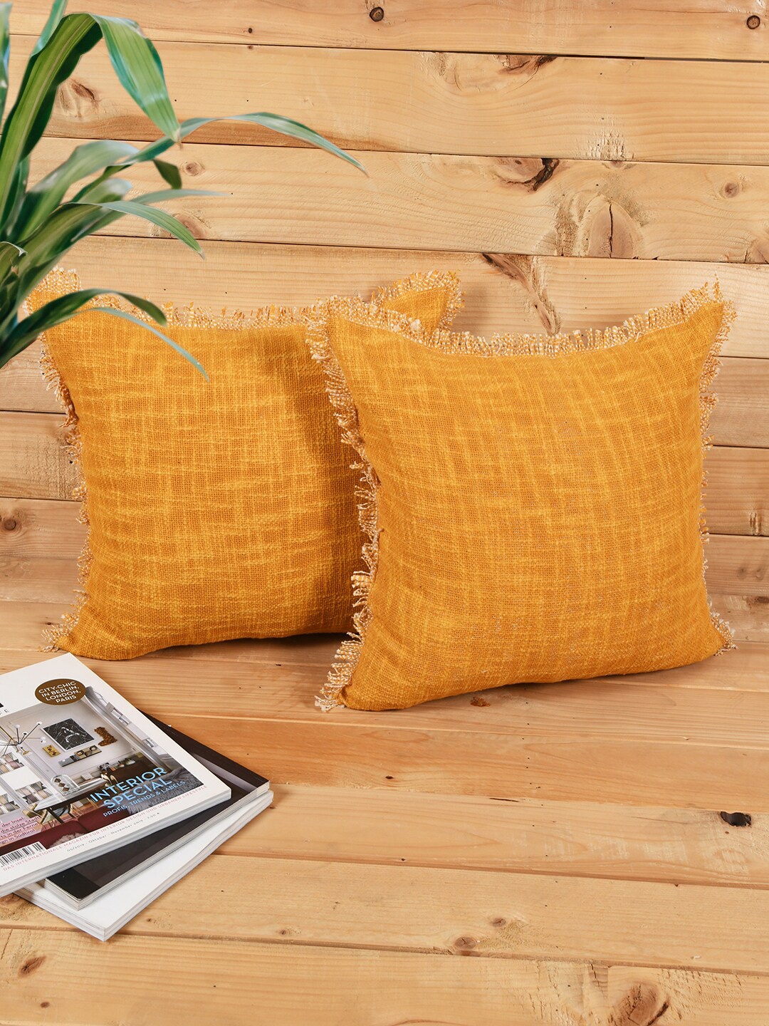 

KRAVIKA Yellow 2 Pieces Cotton Square Cushion Covers