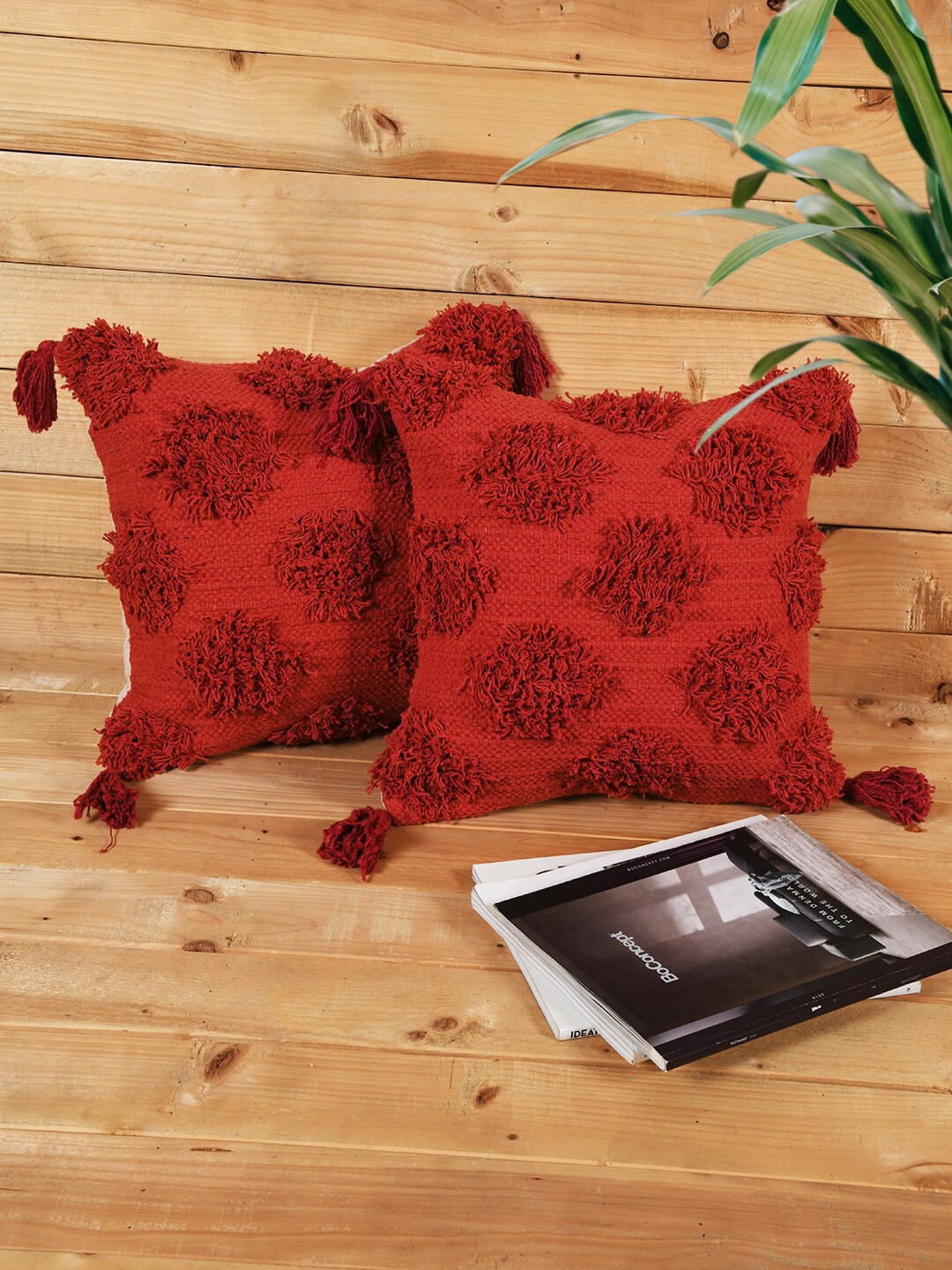 

KRAVIKA Red & White 2 Pieces Self Design Embellished Cotton Square Cushion Covers