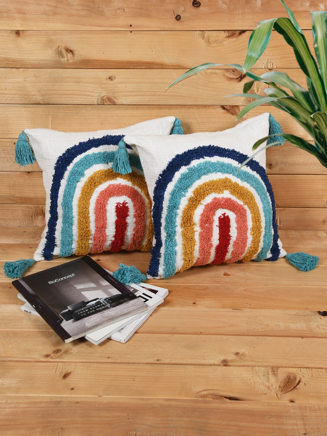 

KRAVIKA White & Blue 2 Pieces Self Design Embellished Cotton Square Cushion Covers