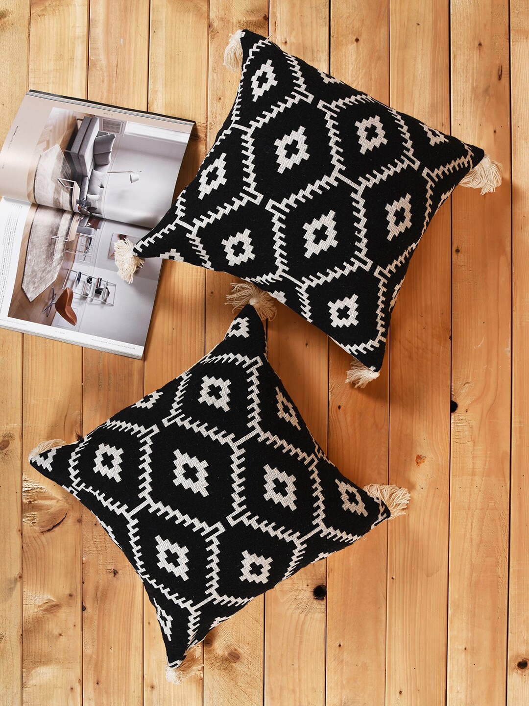 

KRAVIKA Black & White 2 Piece Geometric Embellished Cotton Square Cushion Covers