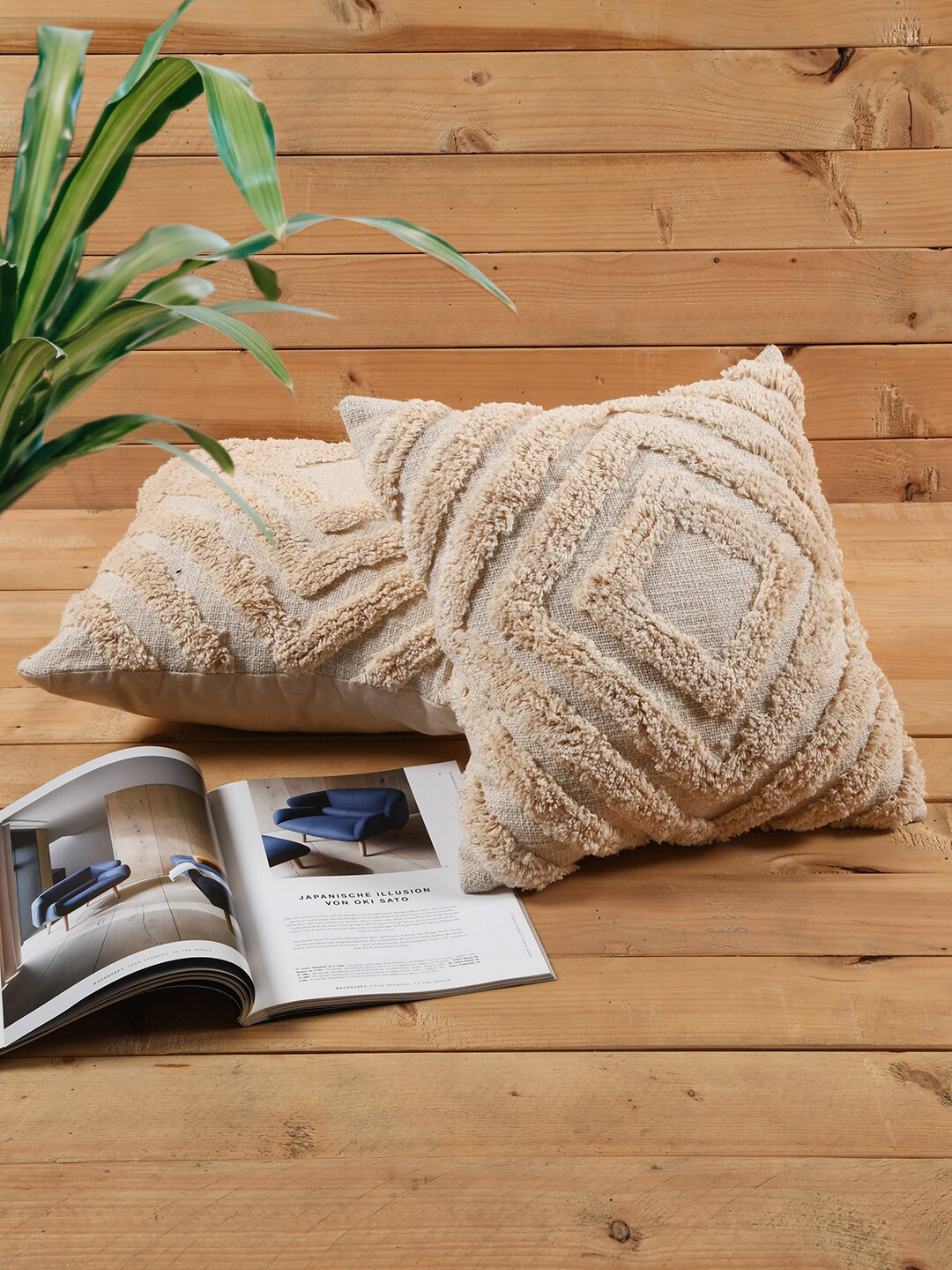 

KRAVIKA Off White & Brown 2 Pieces Self Design Cotton Square Cushion Covers