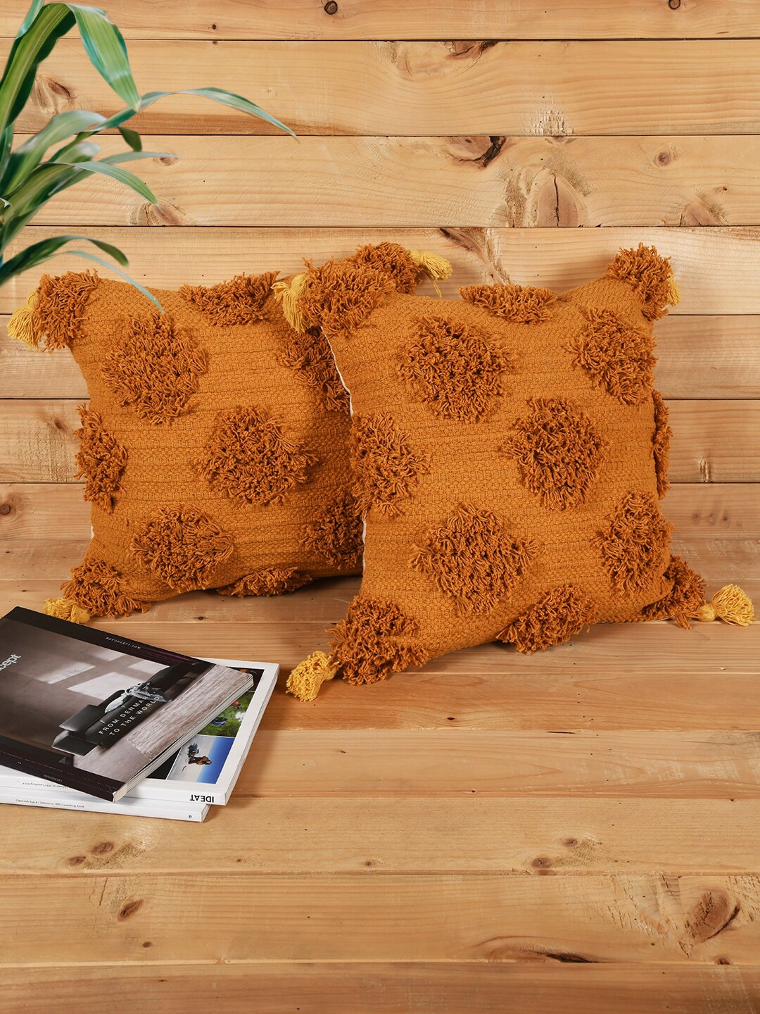 

KRAVIKA Yellow 2 Pieces Self Design Textured Cotton Square Cushion Covers