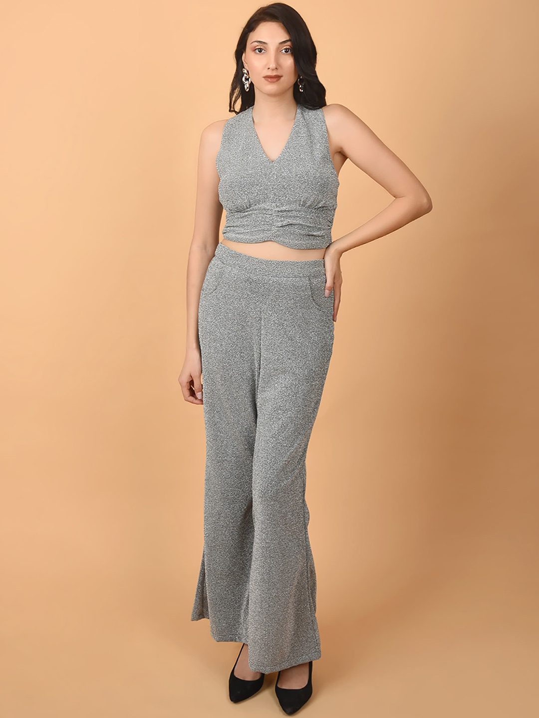 

FLAWLESS Halter Neck Acrylic Crop Top With Palazzos, Grey