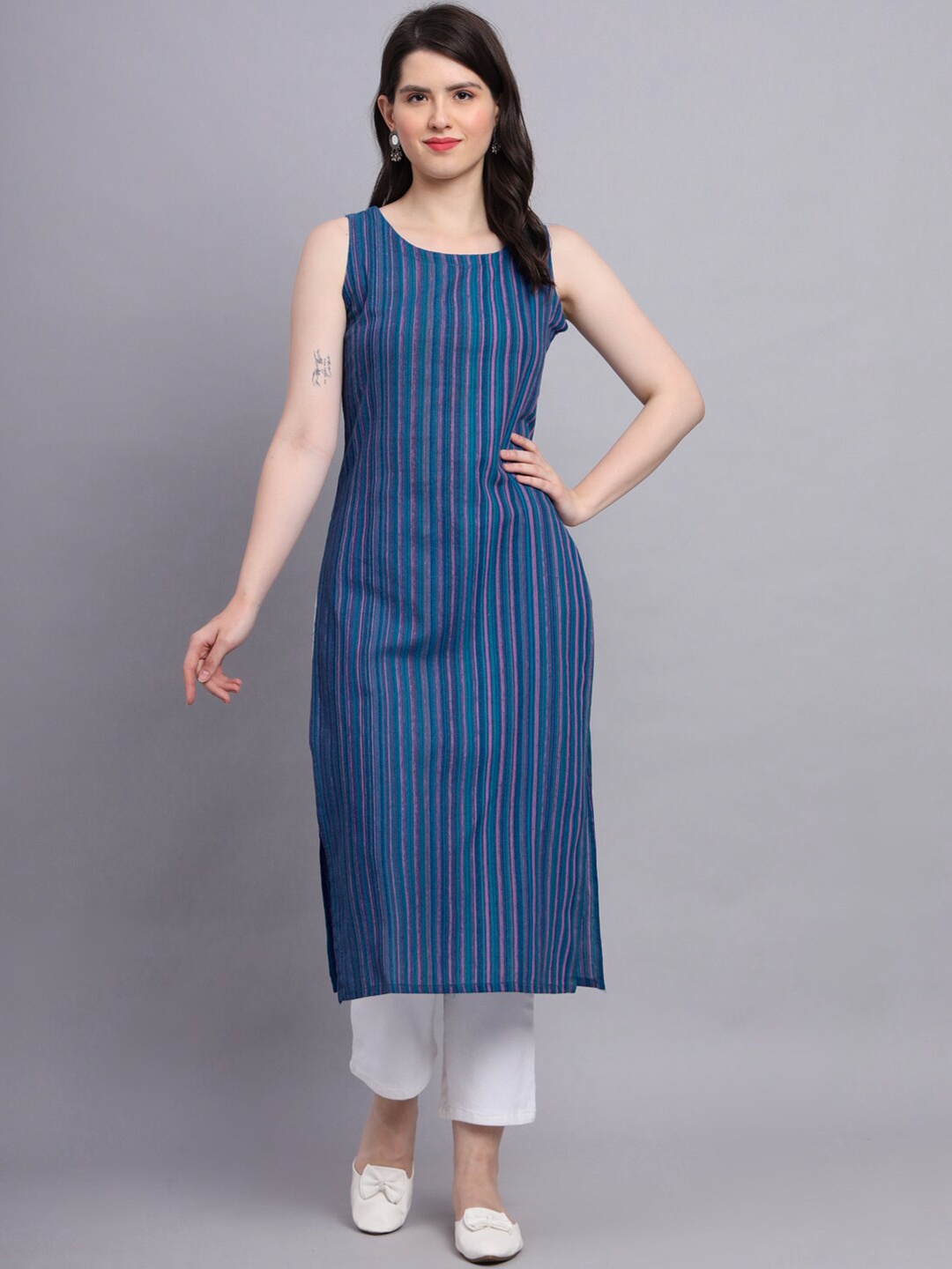

KALINI Striped Straight Kurta, Turquoise blue