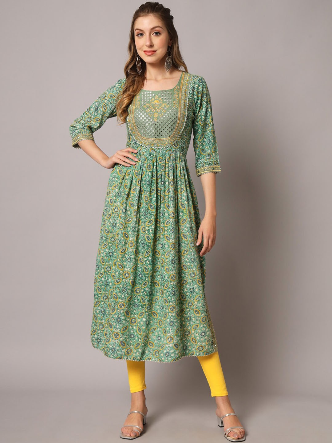 

KALINI Ethnic Motifs Printed Thread Work Detail A-Line Kurta, Green