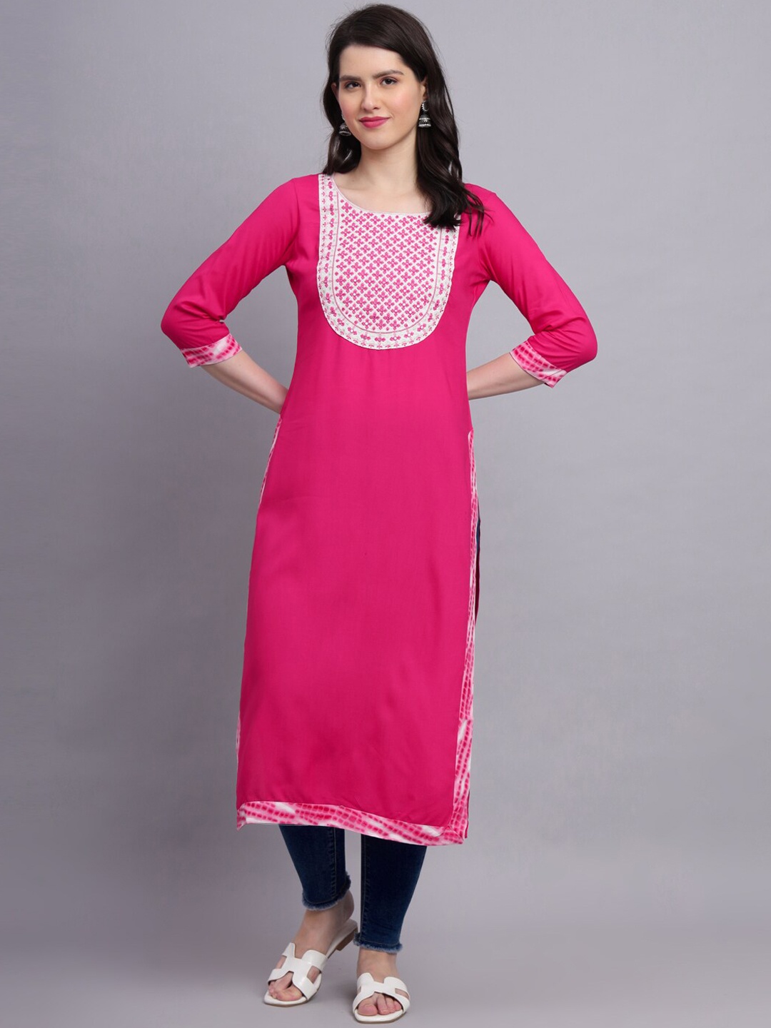 

KALINI Ethnic Motifs Yoke Design Thread Work Detail Straight Kurta, Pink