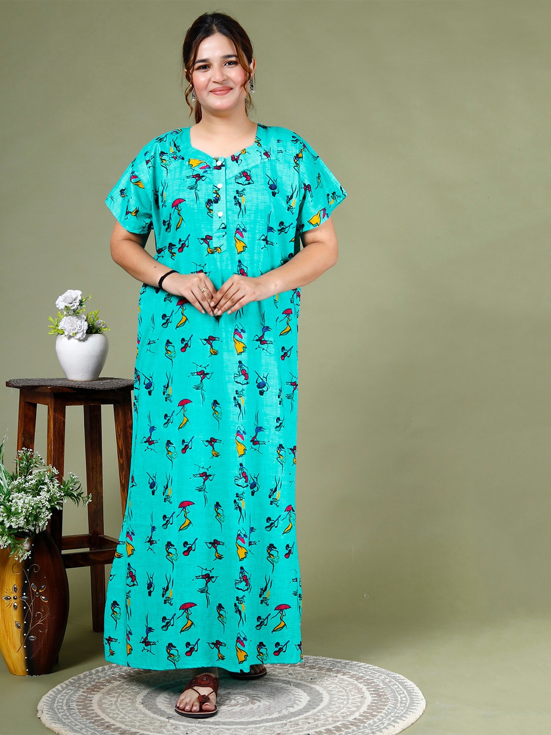 

SP DESIGNS Conversational Printed Pure Cotton Maxi Nightdress, Turquoise blue