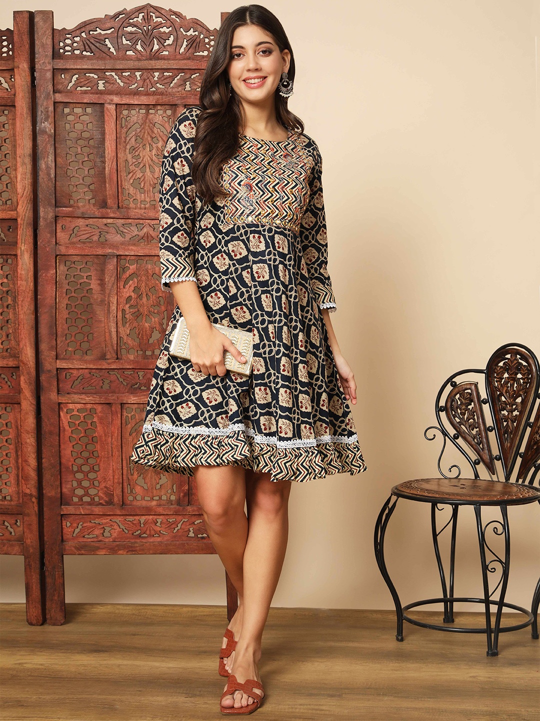 

Vbuyz Ethnic Motifs Printed Sequinned Cotton A Line Dress, Blue