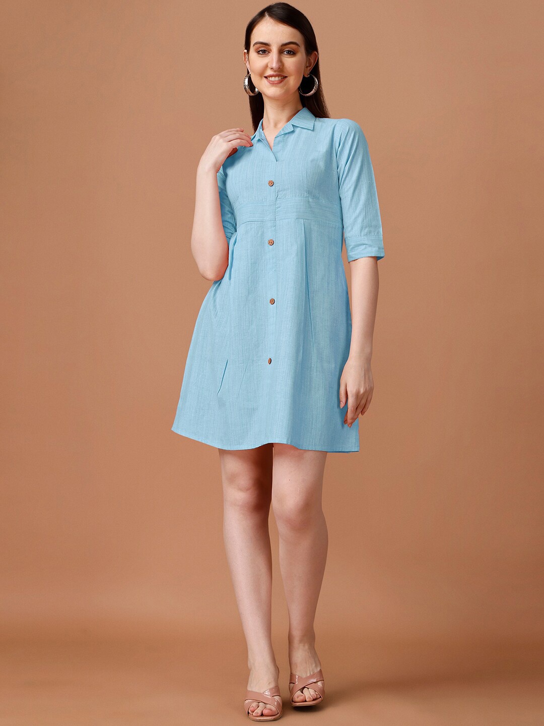 

BLACK SCISSOR Shirt Collar A-Line Cotton Dress, Blue