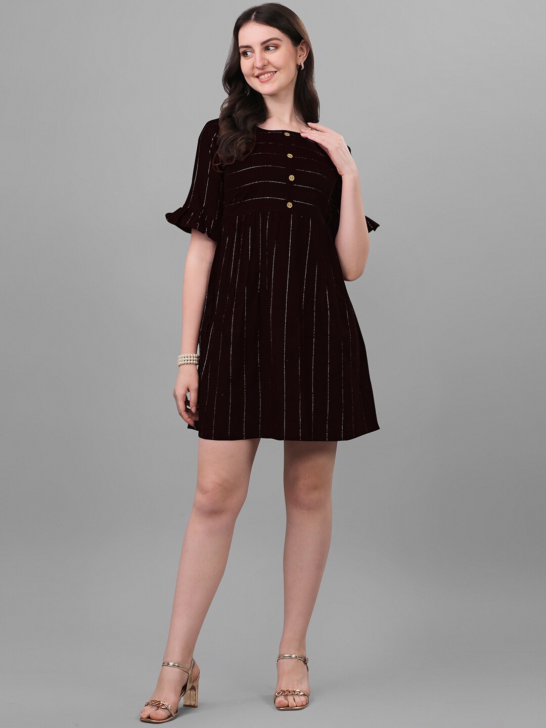 

BLACK SCISSOR Striped Bell Sleeves Cotton A-Line Mini Dress