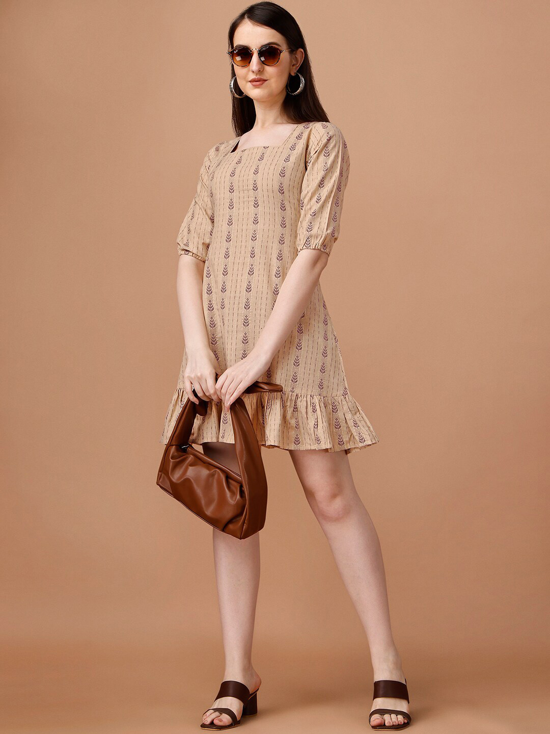 

BLACK SCISSOR Woven Design Cotton Puff-Sleeve Mini Ethnic Dress, Beige
