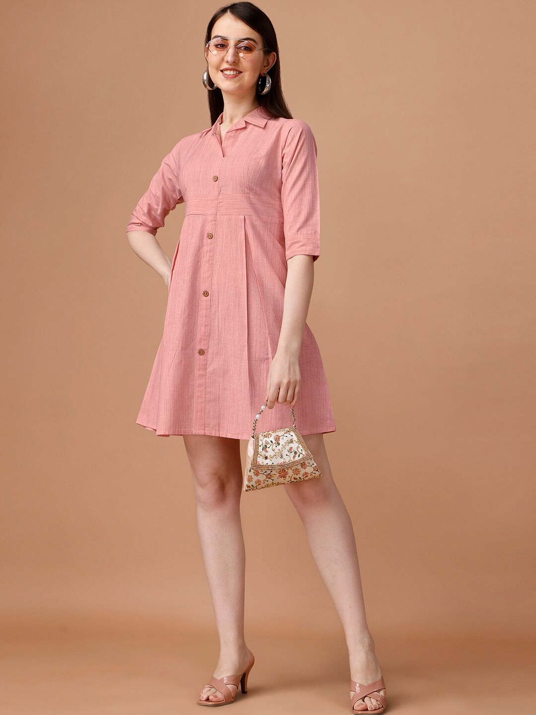 

BLACK SCISSOR Cuban-Collar Mini Ethnic Dress, Pink