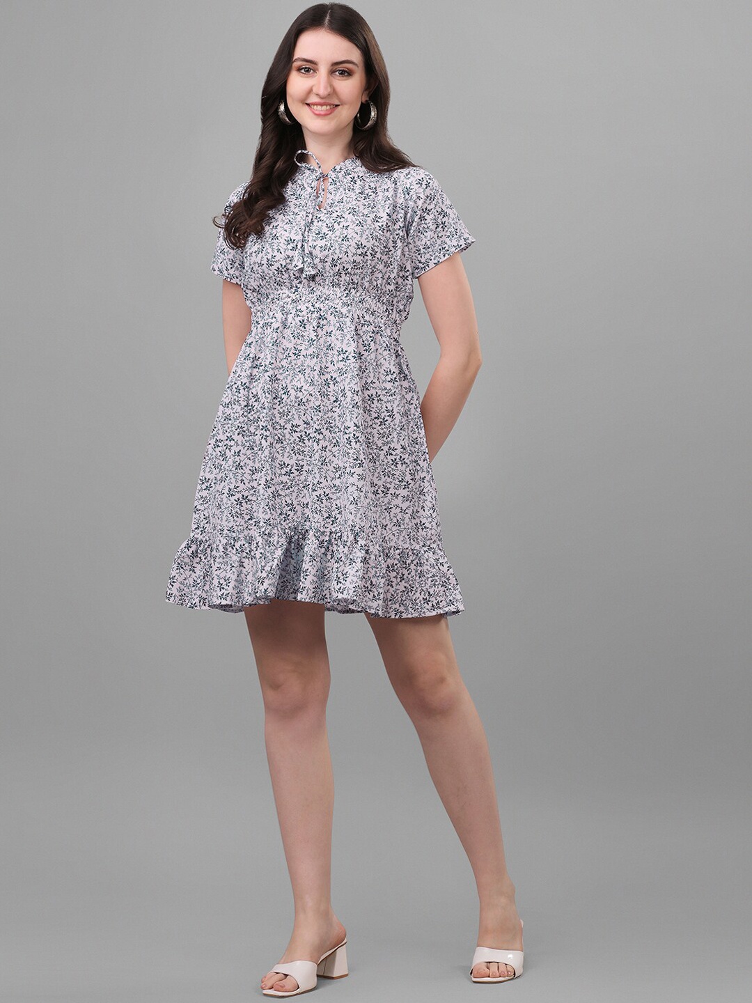 

BLACK SCISSOR Floral Printed Tie-Up Neck Cotton Fit & Flare Dress, Blue