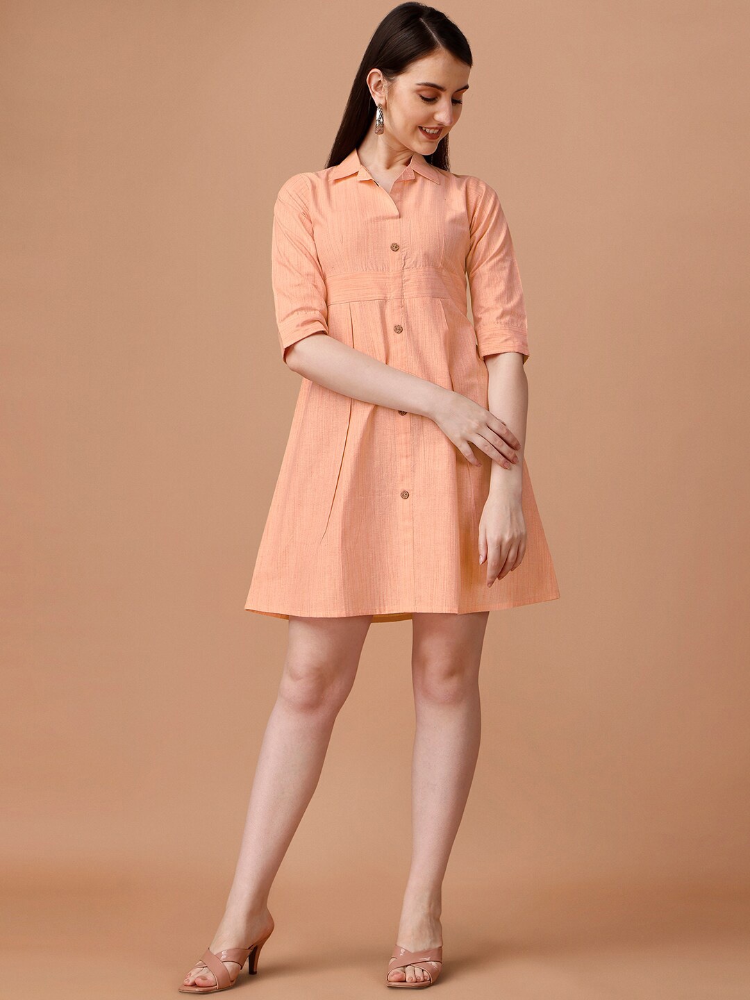 

BLACK SCISSOR Cotton Shirt Style Mini Dress, Peach