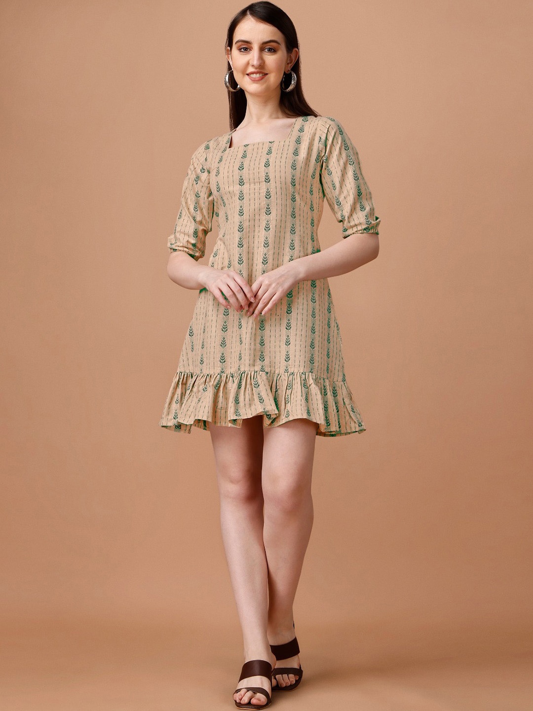

BLACK SCISSOR Woven Design Ruffled-Hem Mini Ethnic Dress, Beige