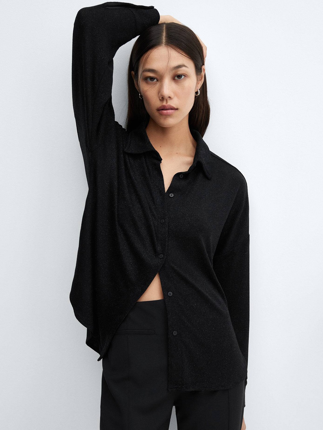 

MANGO Women Shimmery Casual Shirt, Black