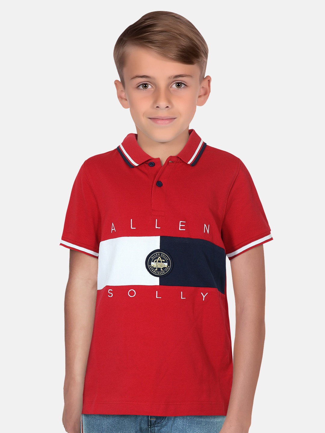 

Allen Solly Junior Boys Colourblocked Polo Collar Cotton Regular T-shirt, Red