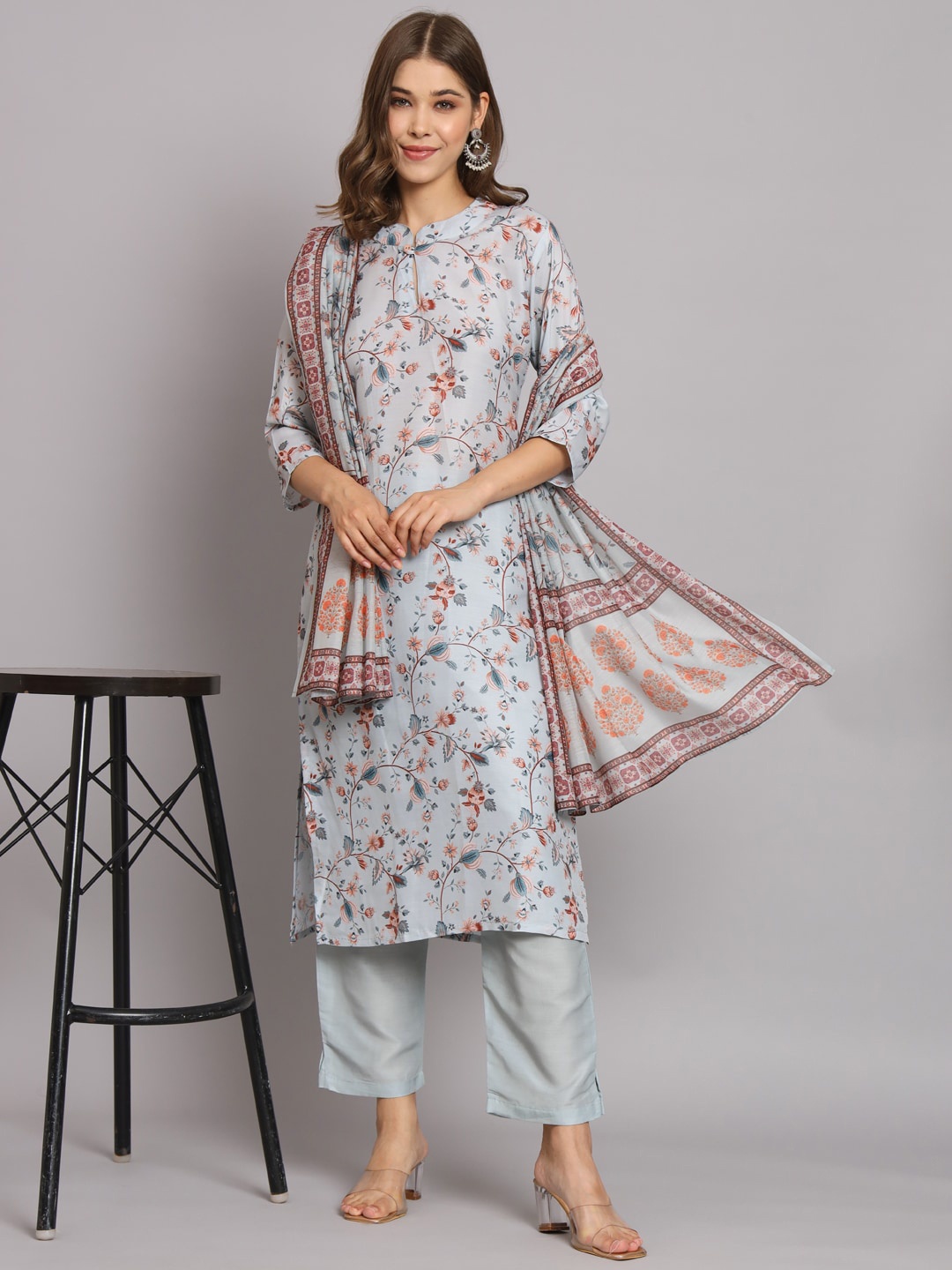 

KALINI Floral Printed Regular Straight Kurta & Trousers With Dupatta, Blue