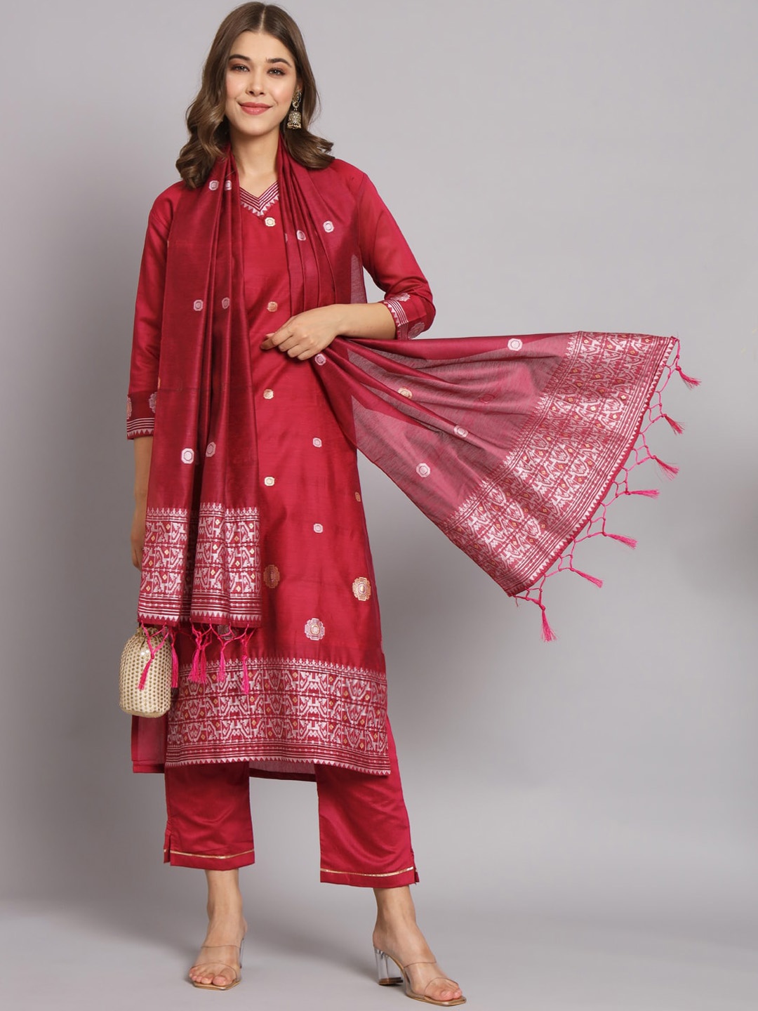 

KALINI Geometric Woven Design Regular Straight Kurta & Trousers With Dupatta, Maroon