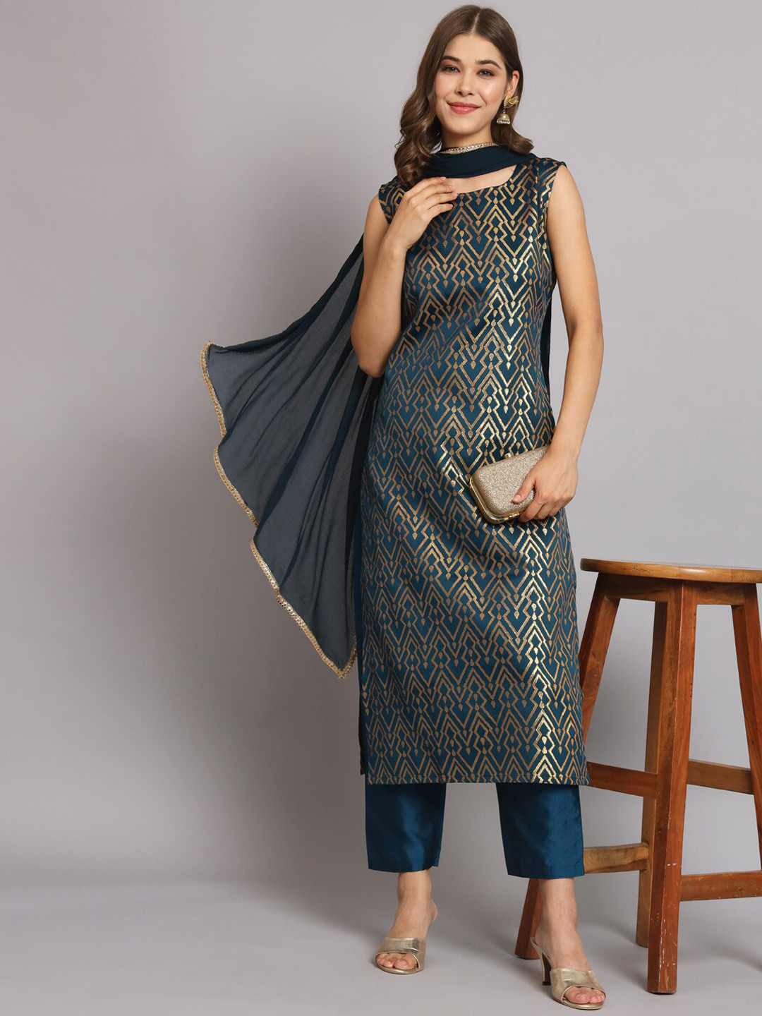 

KALINI Ethnic Motif Woven Design Regular Straight Kurta & Trousers With Dupatta, Teal