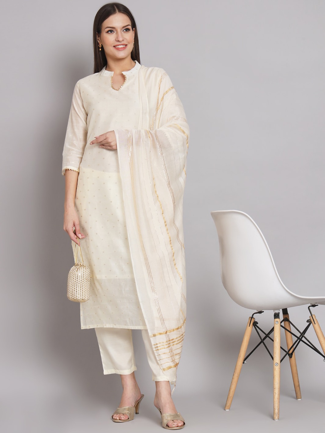 

KALINI Ethnic Motif Woven Design Gotta Patti Straight Kurta & Trousers With Dupatta, White