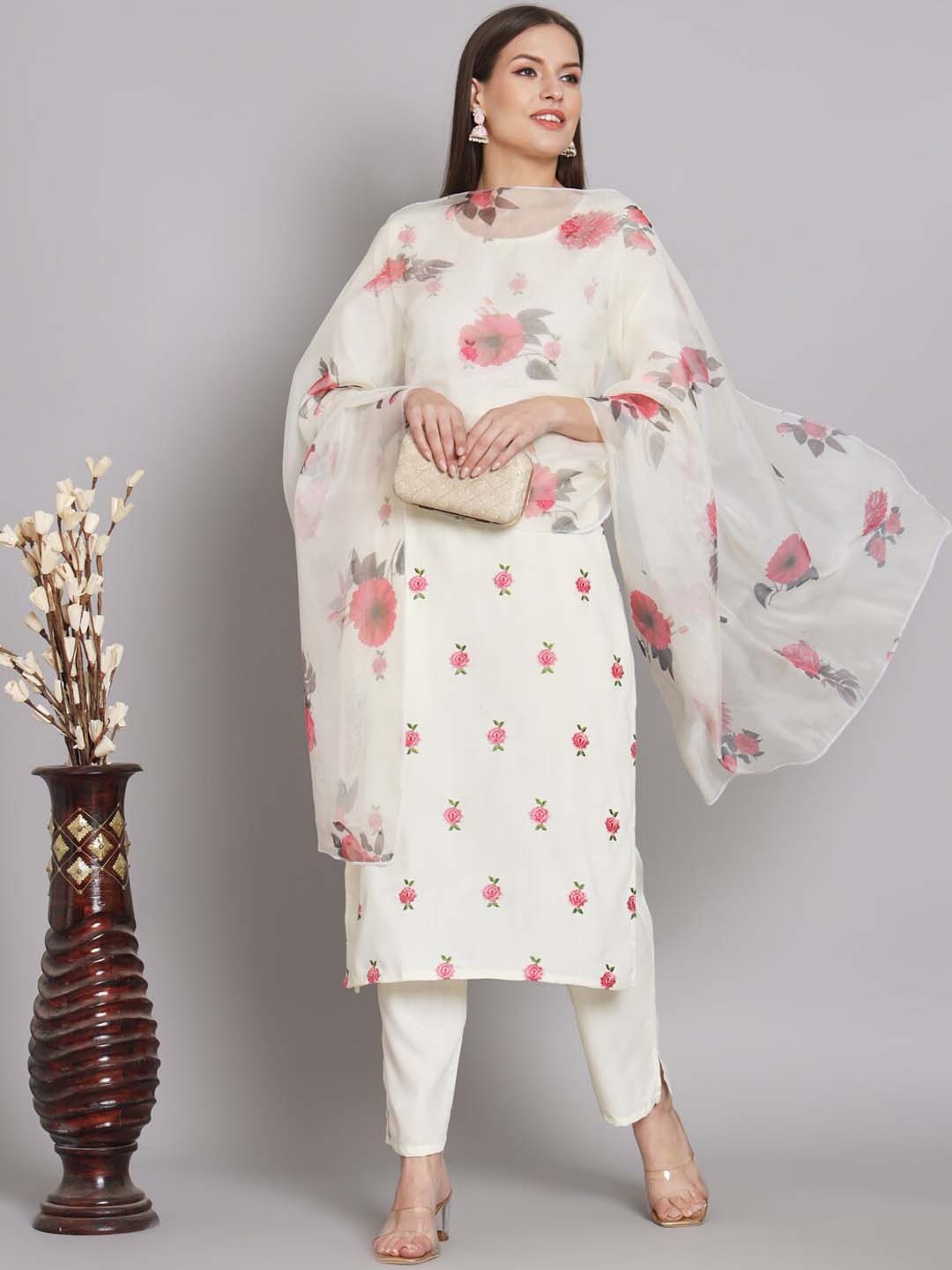 

KALINI Floral Embroidered Regular Straight Kurta & Trousers With Dupatta, White