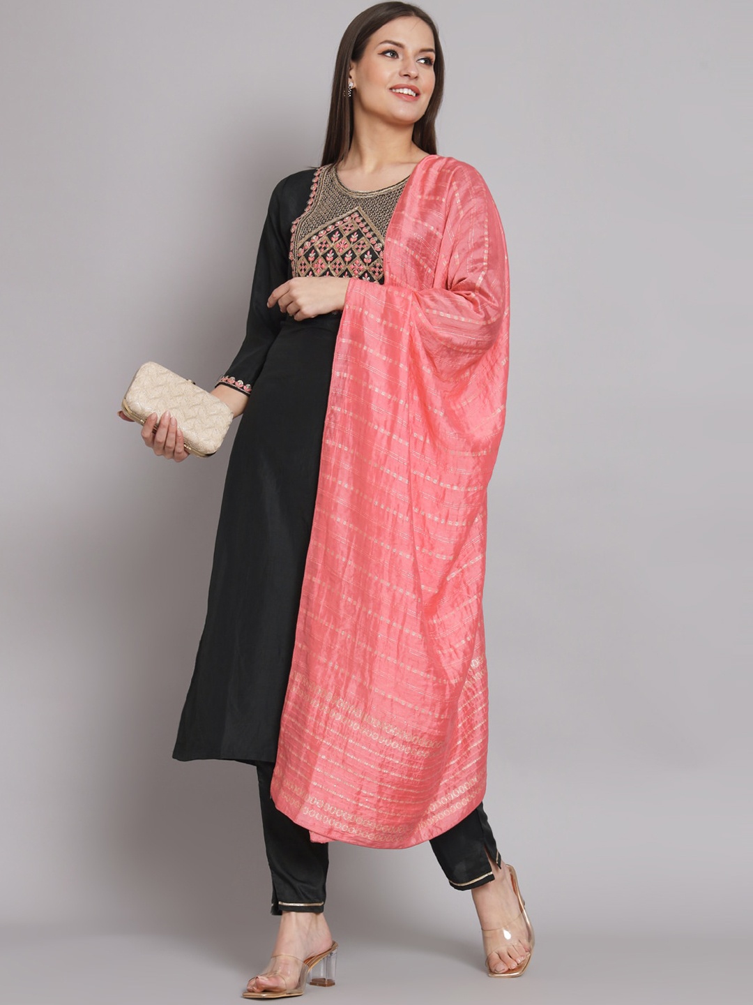 

KALINI Ethnic Motif Embroidered Regular Straight Kurta & Trousers With Dupatta, Black