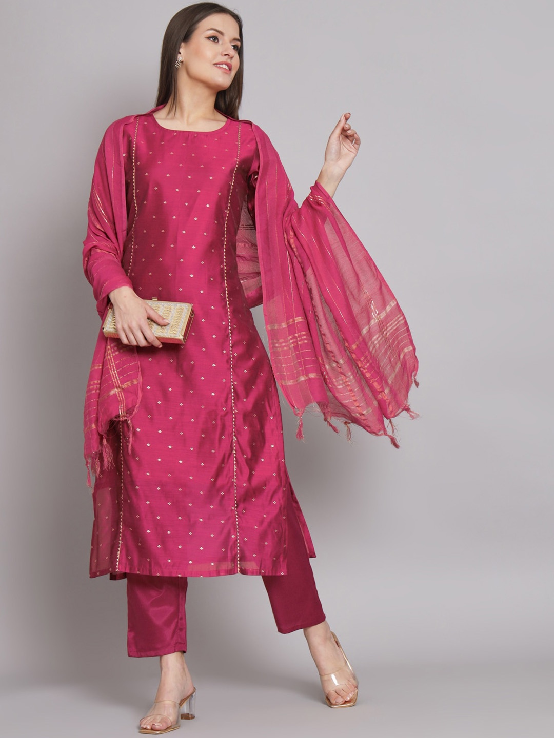 

KALINI Ethnic Motif Woven Design Regular Straight Kurta & Trousers With Dupatta, Pink