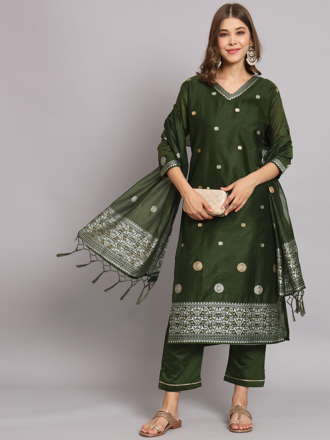 

KALINI Geometric Woven Design Regular Straight Kurta & Trousers With Dupatta, Green