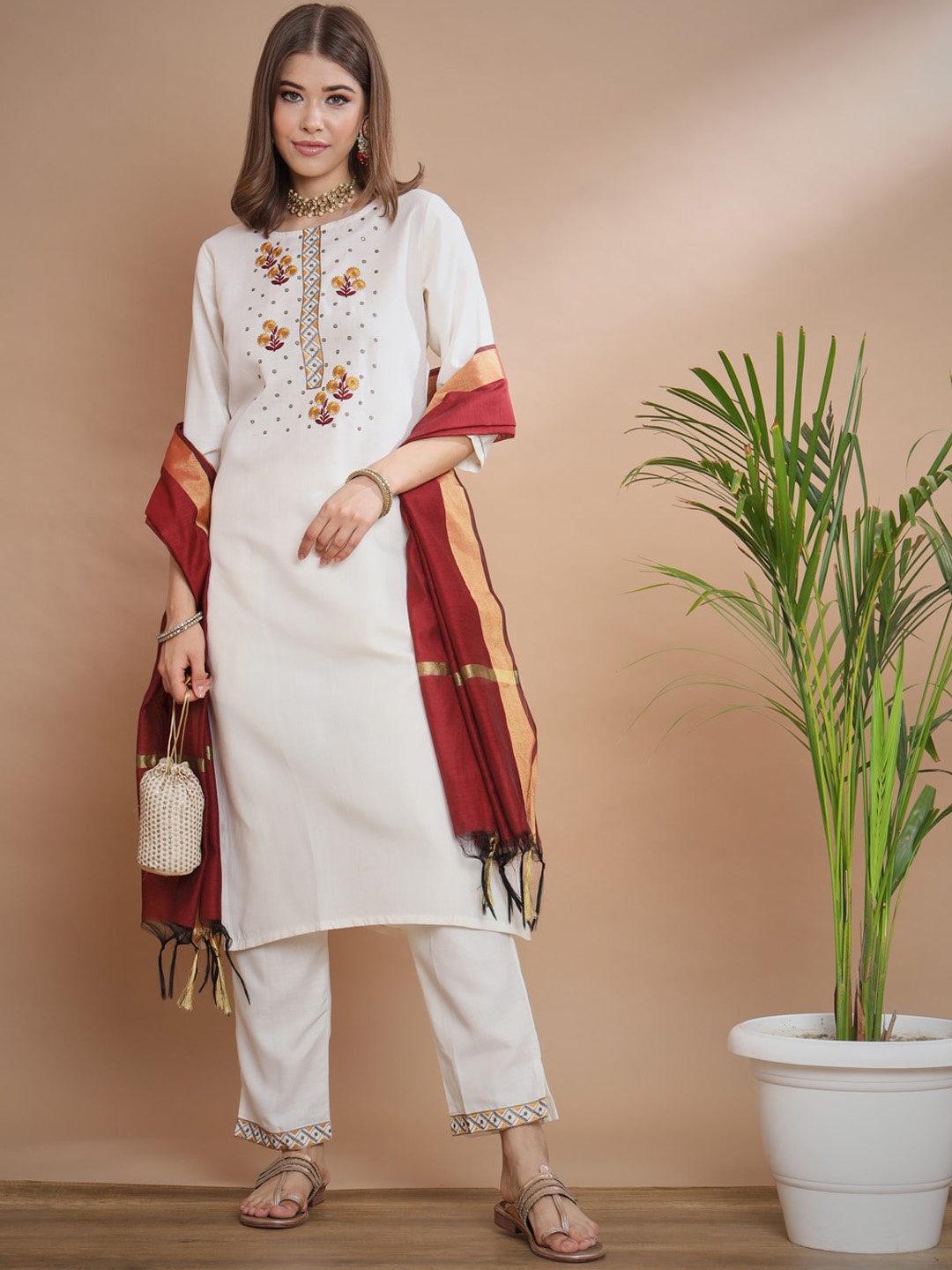 

KALINI Floral Embroidered Regular Straight Kurta & Trousers With Dupatta, White