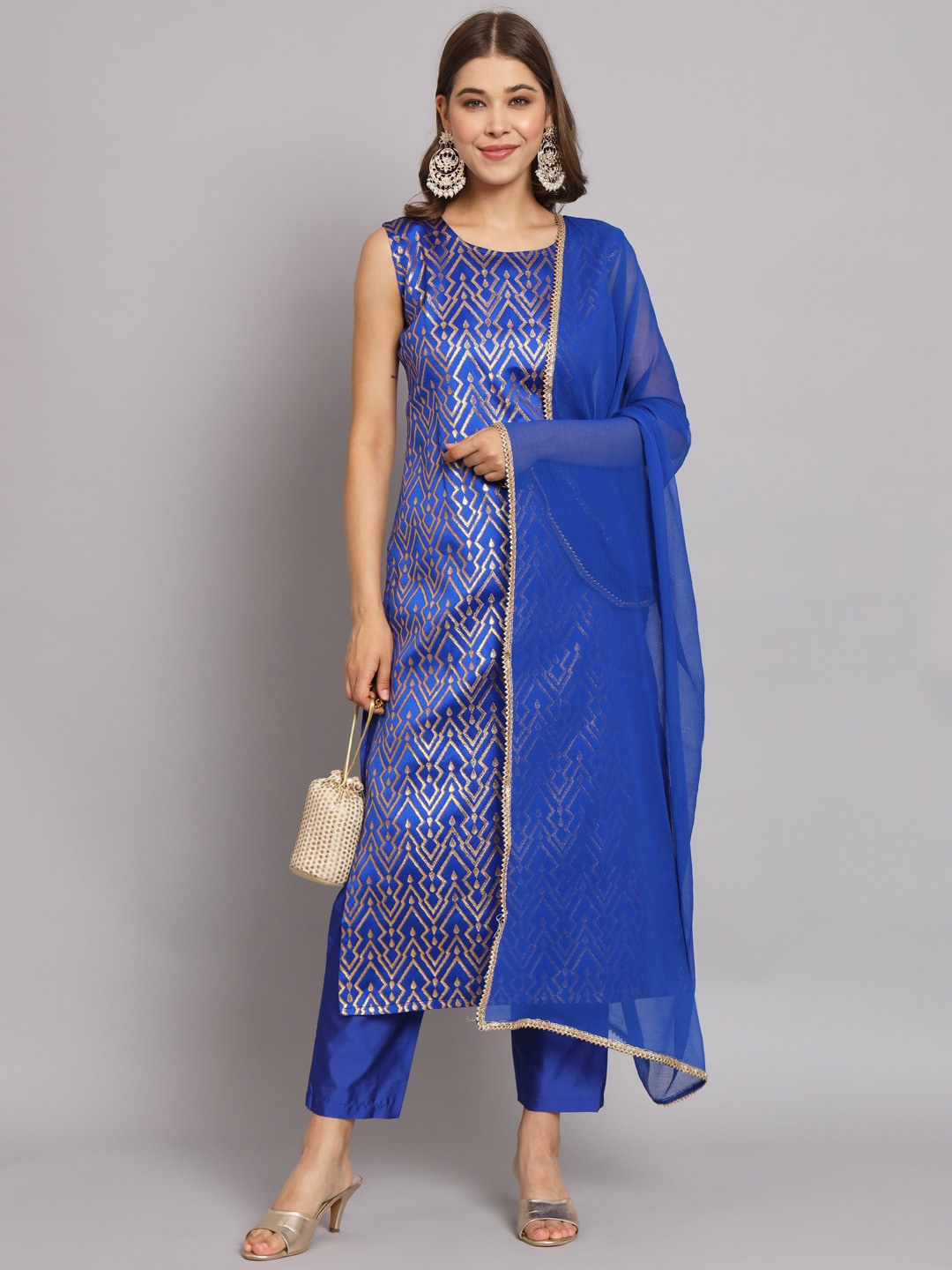 

KALINI Ethnic Motif Woven Design Regular Straight Kurta & Trousers With Dupatta, Blue