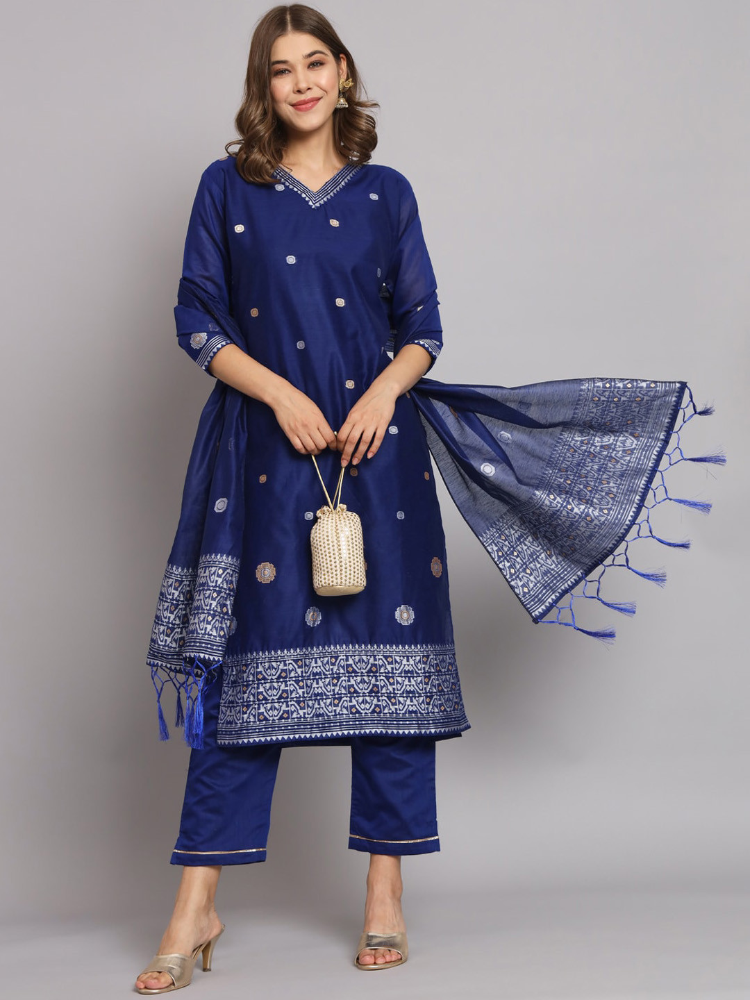 

KALINI Geometric Woven Design Regular Straight Kurta & Trousers With Dupatta, Navy blue