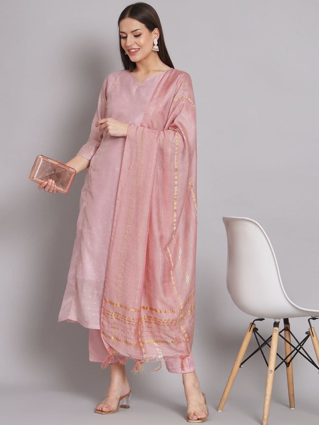 

KALINI Ethnic Motifs Woven Design Regular Chanderi Silk Kurta with Trousers & With Dupatta, Pink