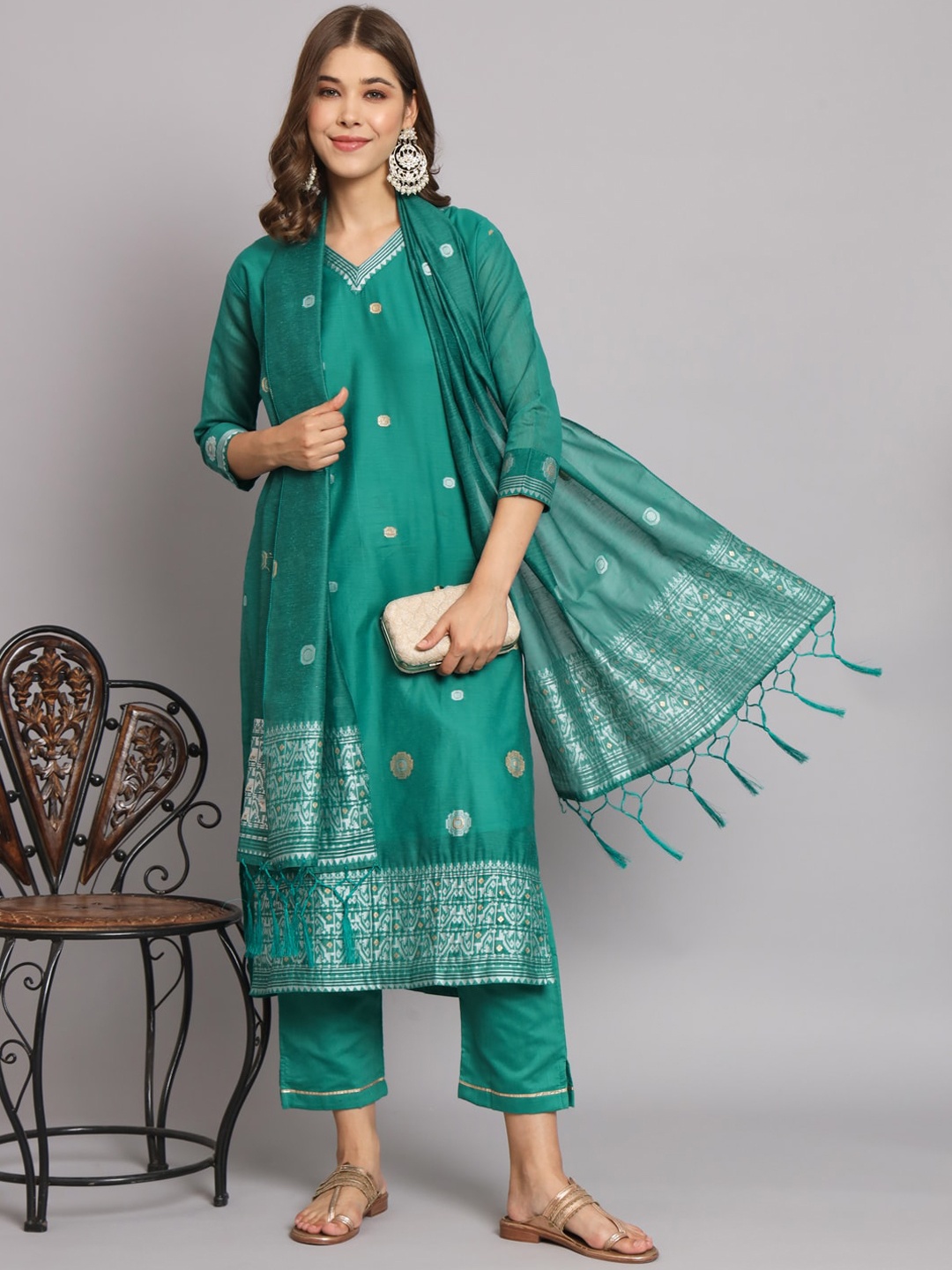 

KALINI Ethnic Motifs Woven Design Regular Kurta With Trousers & Dupatta, Green