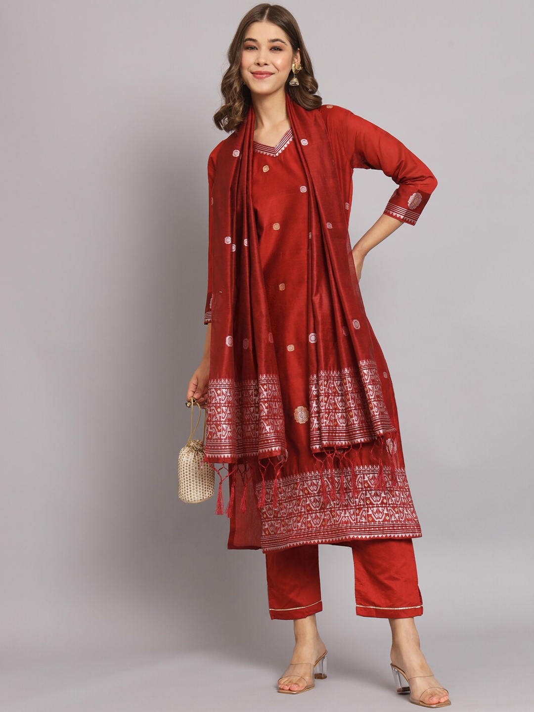

KALINI Ethnic Motifs Woven Design Regular Kurta With Trousers & Dupatta, Maroon