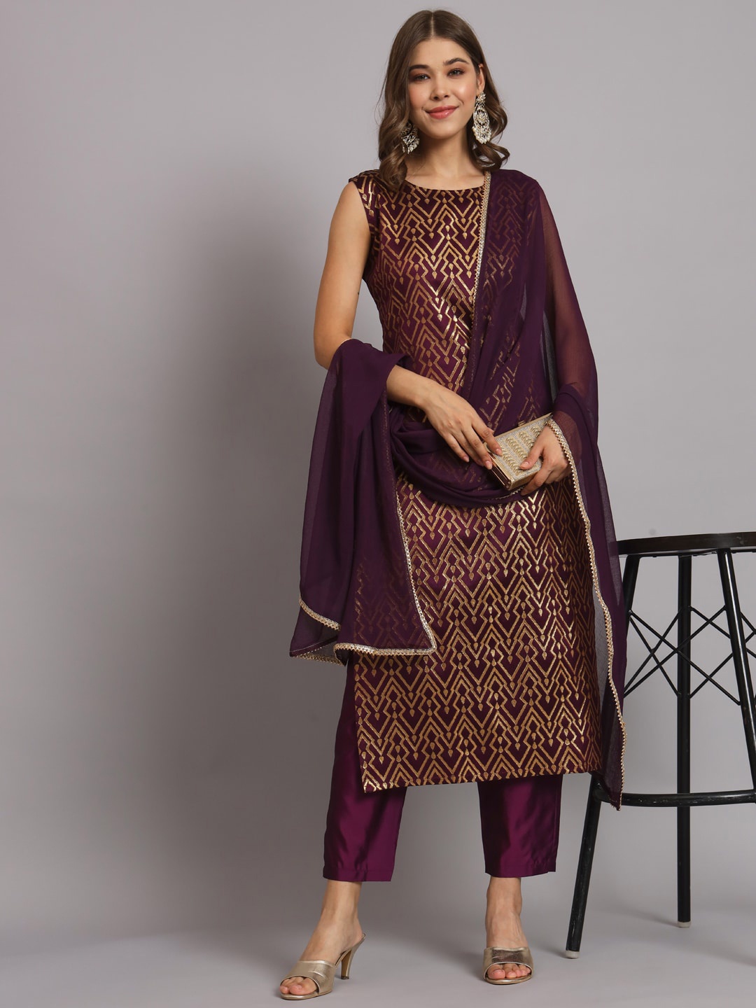 

KALINI Geometric Woven Design Regular Kurta With Trousers & Dupatta, Purple