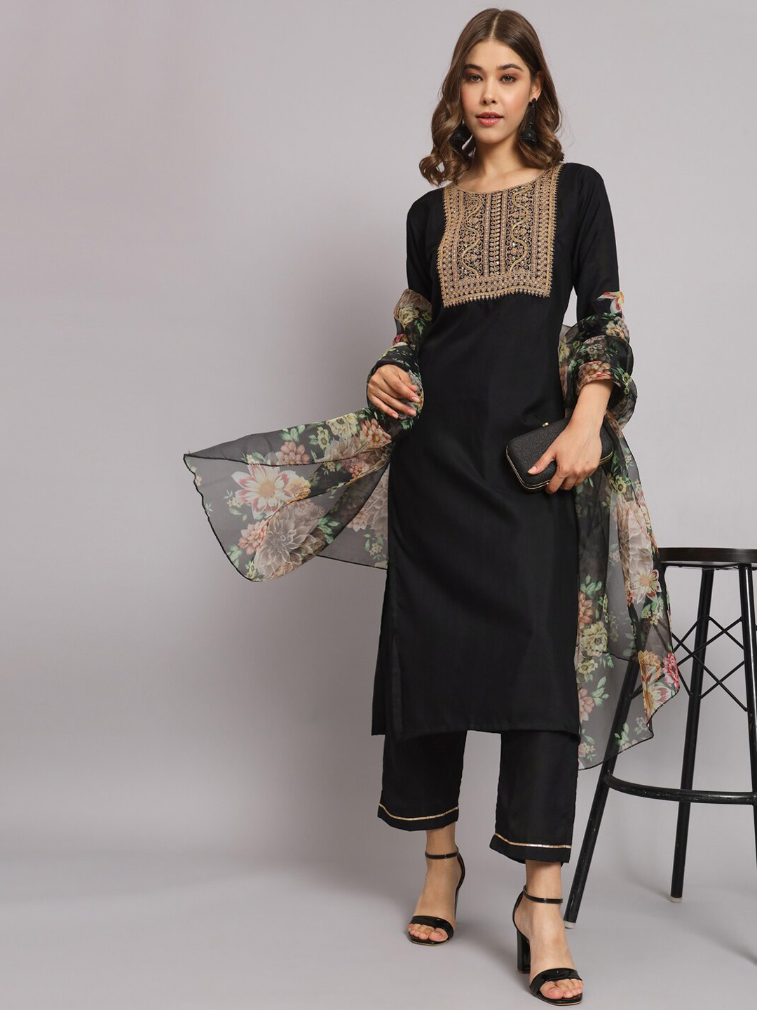 

KALINI Ethnic Motifs Yoke Design Regular Sequinned Kurta With Trousers & Dupatta, Black