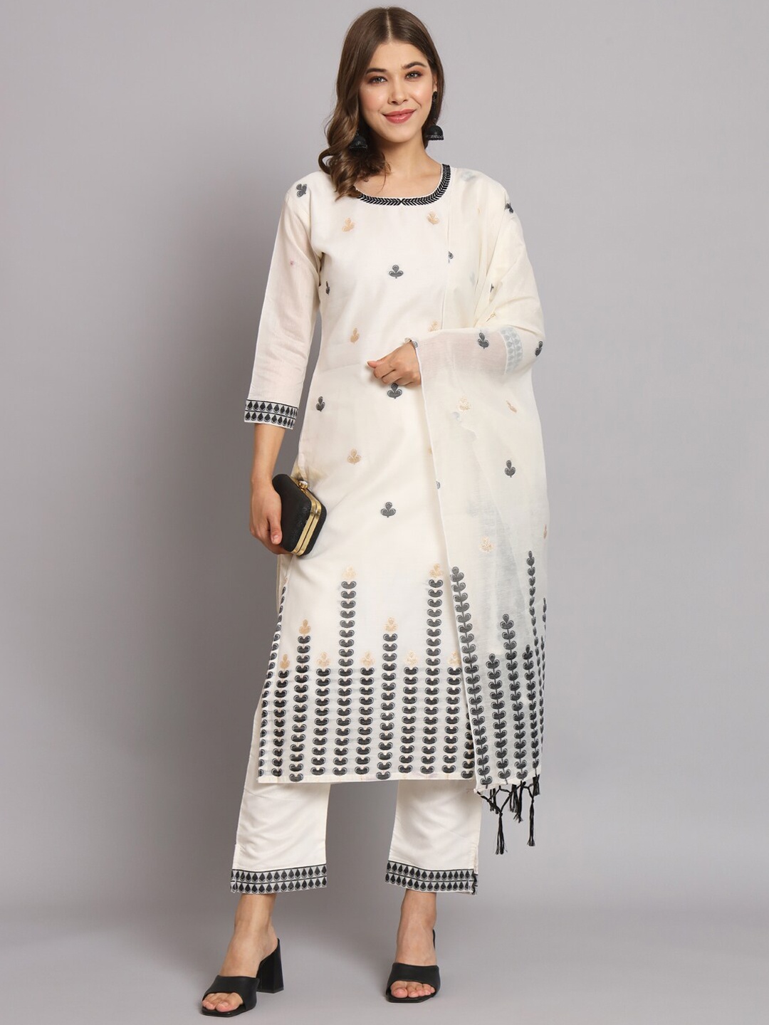 

KALINI Floral Woven Design Regular Kurta With Trousers & Dupatta, White