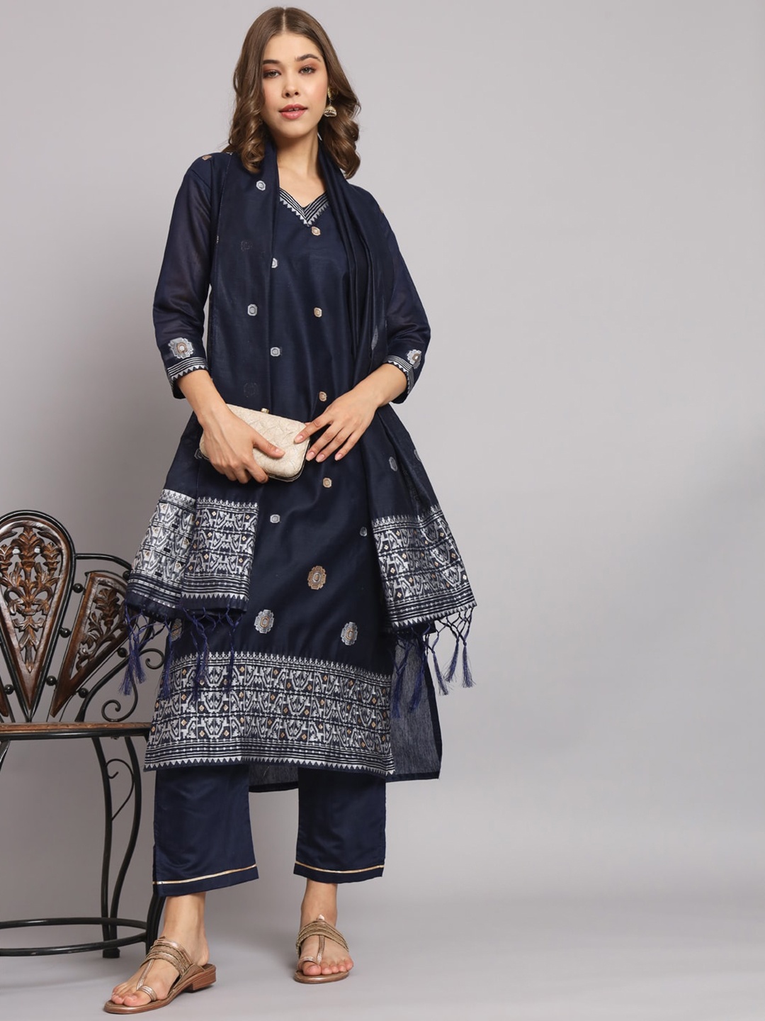 

KALINI Ethnic Motifs Woven Design Regular Kurta With Trousers & Dupatta, Navy blue