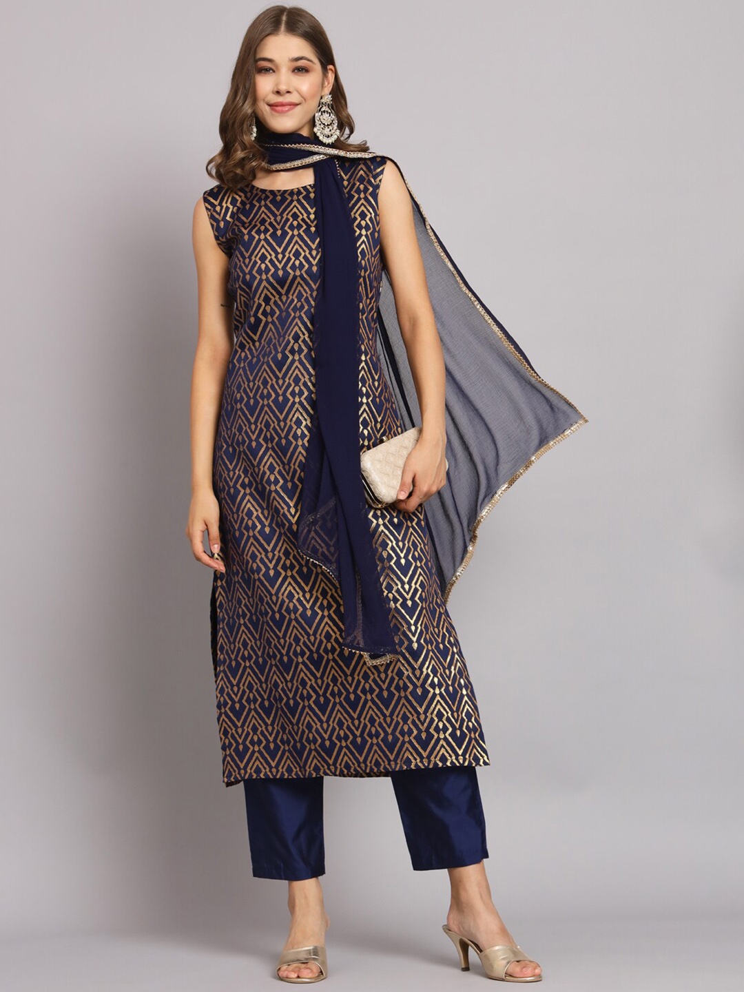 

KALINI Geometric Woven Design Regular Kurta With Trousers & Dupatta, Navy blue