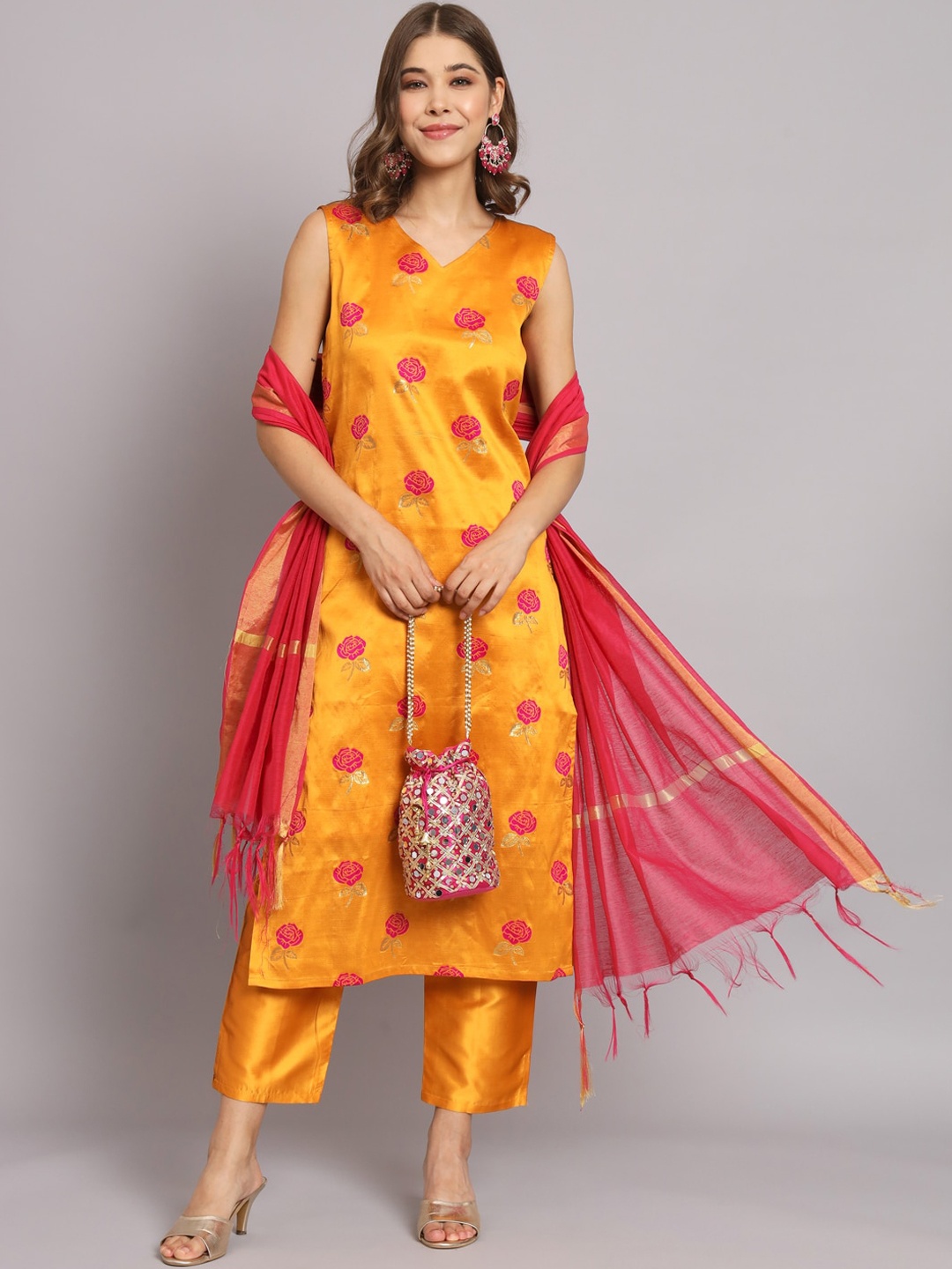 

KALINI Floral Woven Design Regular Kurta With Trousers & Dupatta, Yellow