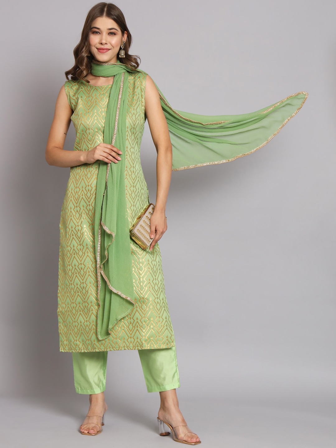 

KALINI Geometric Woven Design Regular Kurta With Trousers & Dupatta, Green