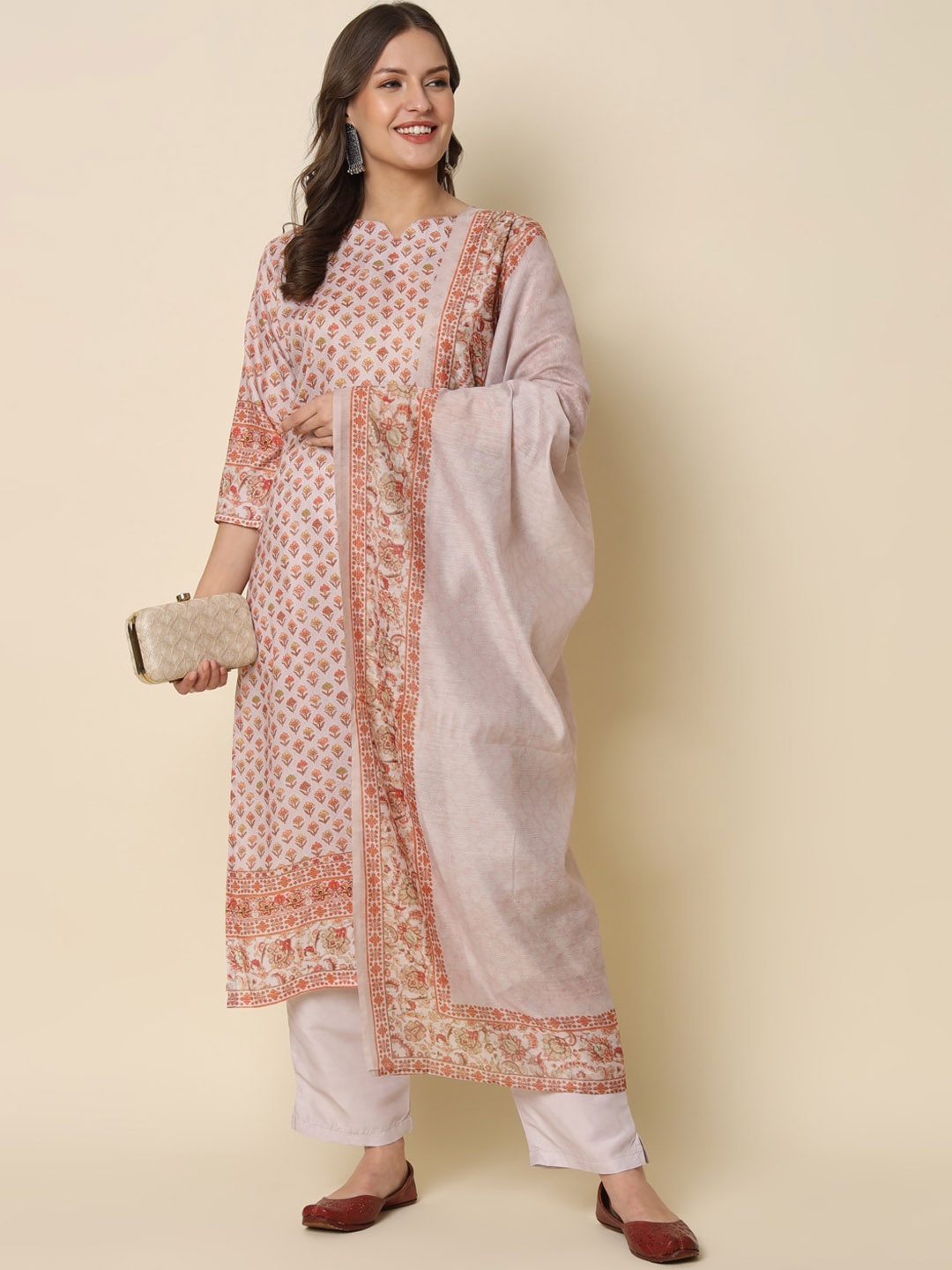 

KALINI Floral Printed Regular Kurta with Trousers & Dupatta, Cream