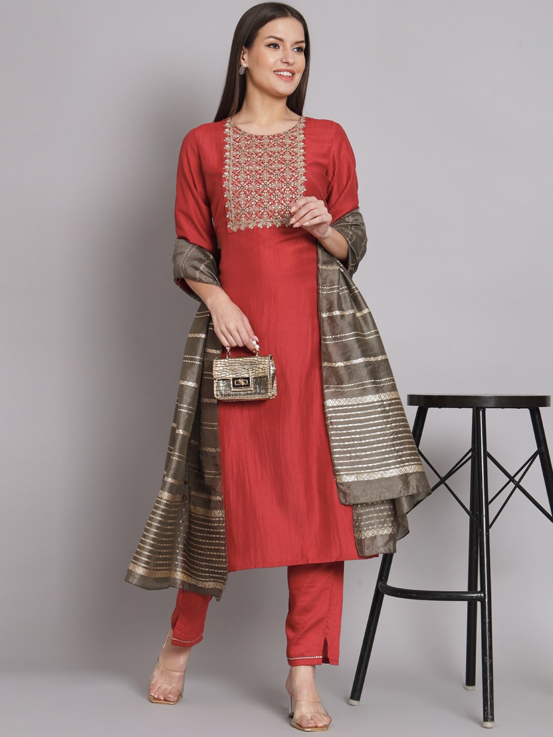 

KALINI Ethnic Motifs Embroidered Kurta with Trousers & Dupatta, Red