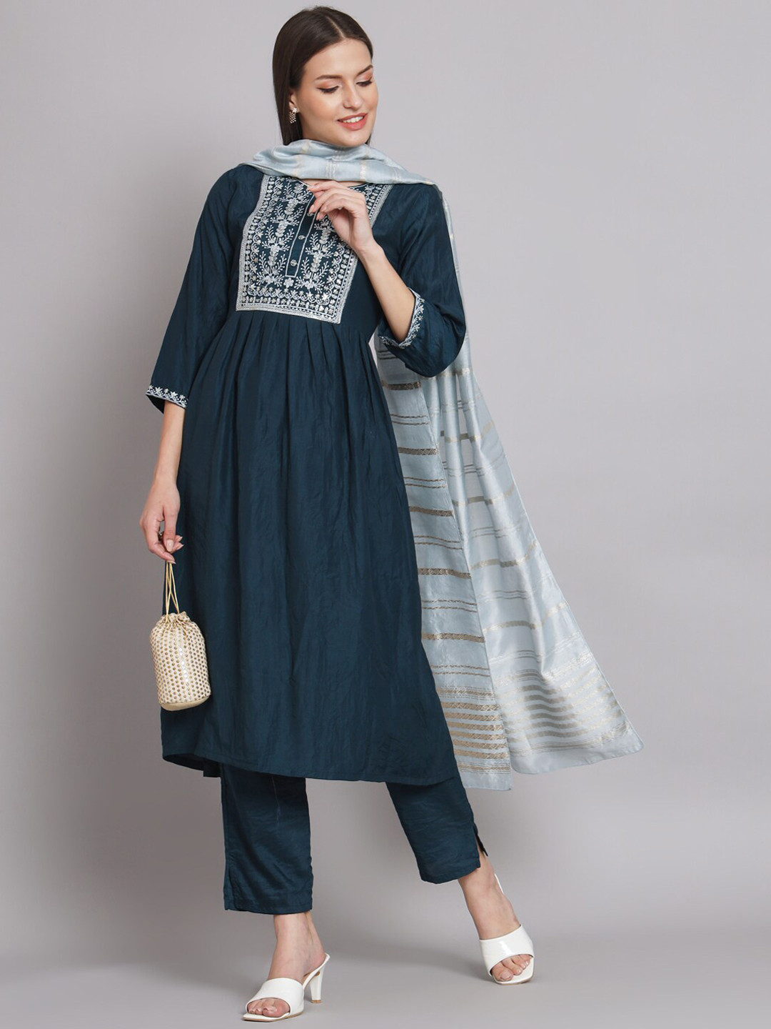 

KALINI Floral Yoke Design Straight Kurta with Trousers & Dupatta, Blue