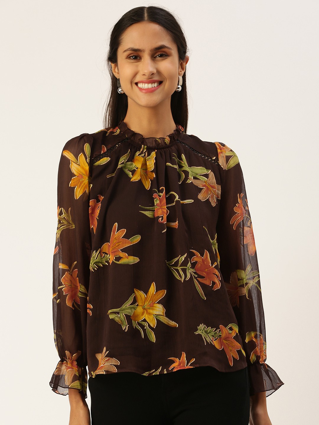 

ROVING MODE Floral Printed Georgette Regular Top, Brown