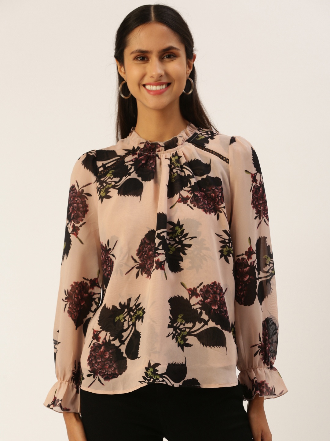 

ROVING MODE Floral Printed Georgette Regular Top, Beige