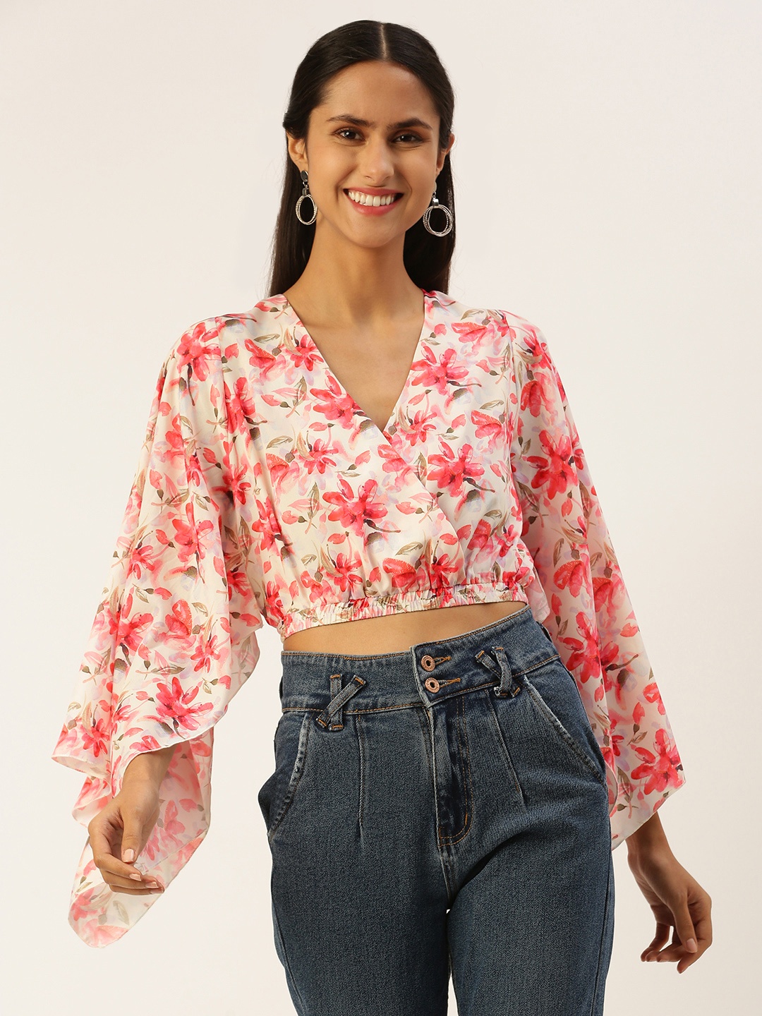 

ROVING MODE Floral Printed Flared Sleeve Satin Wrap Crop Top, Pink