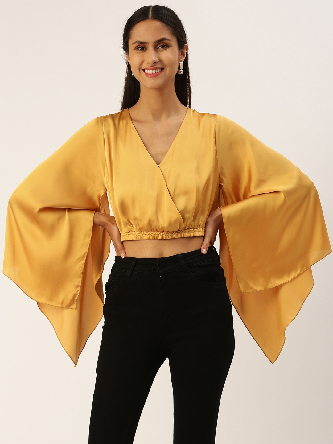 

ROVING MODE Solid Flared Sleeve Satin Wrap Crop Top, Yellow