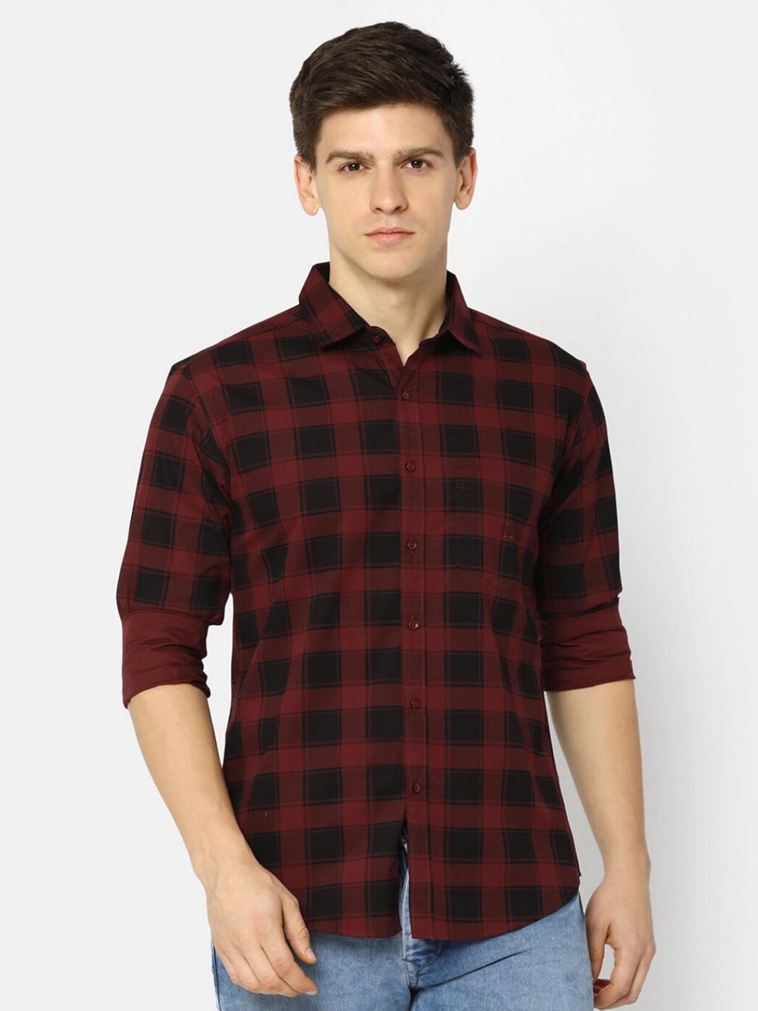 

V-Mart Slim Fit Tartan Checks Opaque Cotton Casual Shirt, Maroon